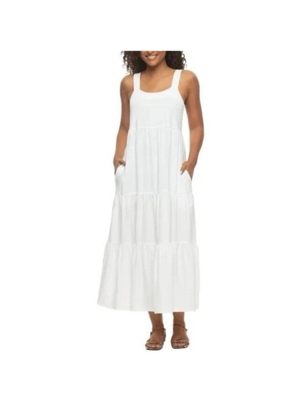 NWT Felina Women's S Tiered White Maxi Tank Sun Dress With Pockets J1995